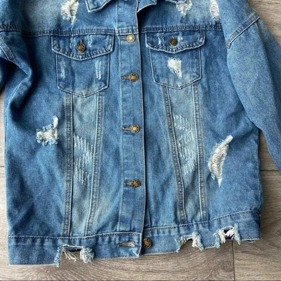 Distressed Raw Edge Denim Jean Jacket - Picture 6 of 11